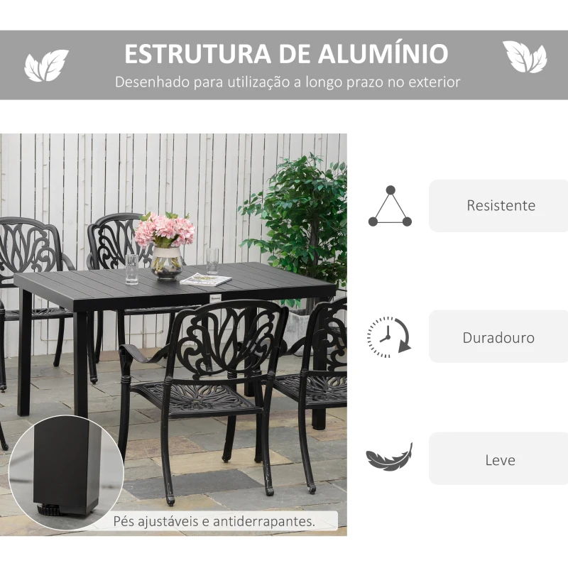Outsunny Mesa de Jardim Retangular Mesa de Exterior para 6 Pessoas com Bancada de Ripas e Estrutura de Alumínio para Terraço Balcão 140x90x74cm Preto