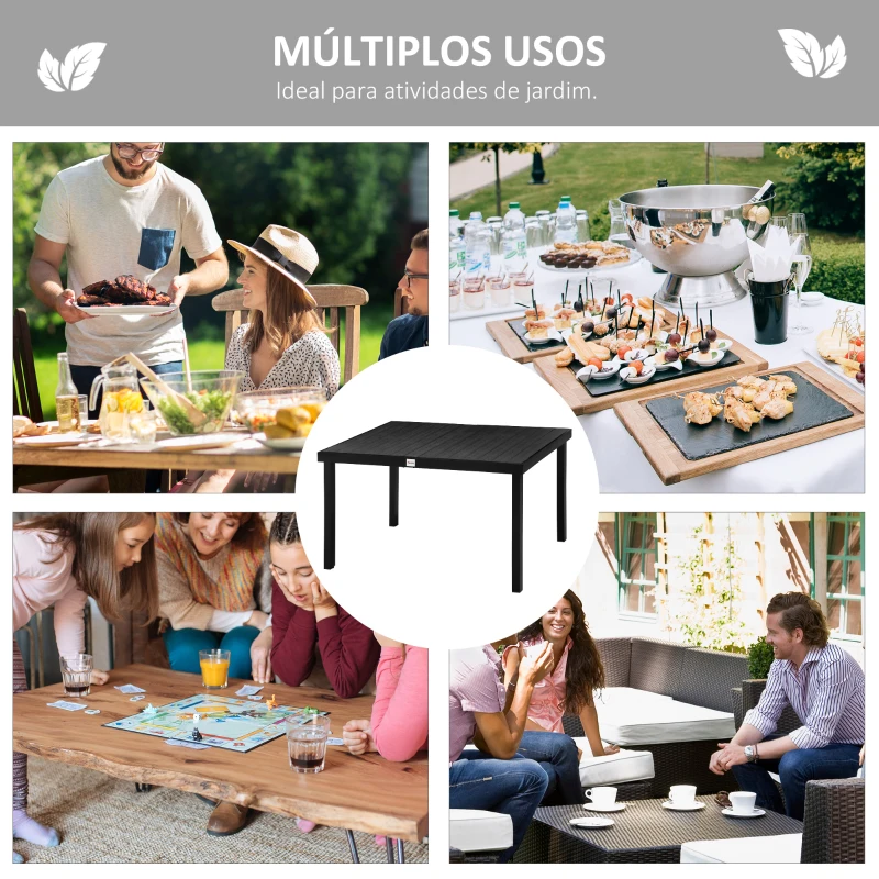 Outsunny Mesa de Jardim Retangular Mesa de Exterior para 6 Pessoas com Bancada de Ripas e Estrutura de Alumínio para Terraço Balcão 140x90x74cm Preto
