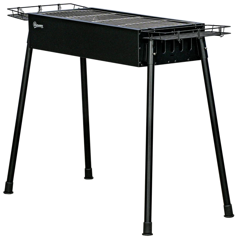 Outsunny Barbecue a Carvão com 2 Grelhas de Aço Inoxidável Portátil com 2 Prateleiras para Temperos com Ganchos 77x30x70 cm Preto