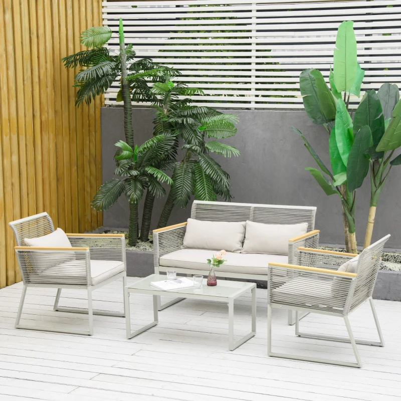 Outsunny Conjunto de Móveis de Jardim Vime 4 Peças Sofá Duplo 2 Poltronas Individuais e Mesa de Centro com Vidro com Almofadas para Exterior Terraço Cinza