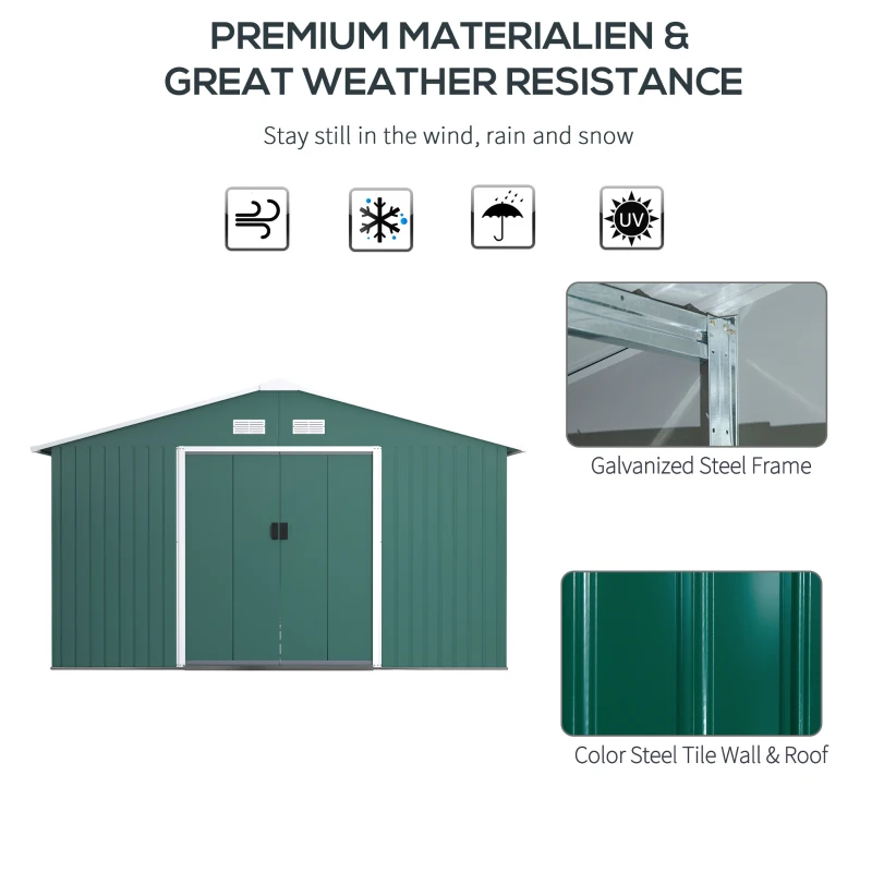 Outsunny Garden Shed Storage 12ft x 11ft Large Steel Metal Storage Shed Sliding doors Green