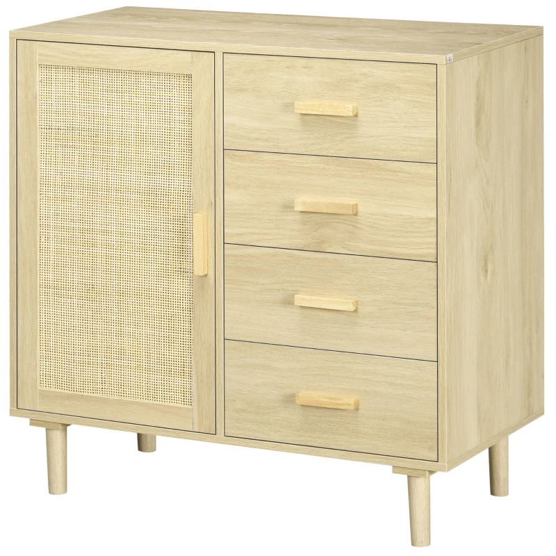 HOMCOM Aparador Sala de Estar Estilo Cannage com Porta de Vime 4 Gavetas e Pés de Madeira de Pinho 80x38x80,5 cm Madeira