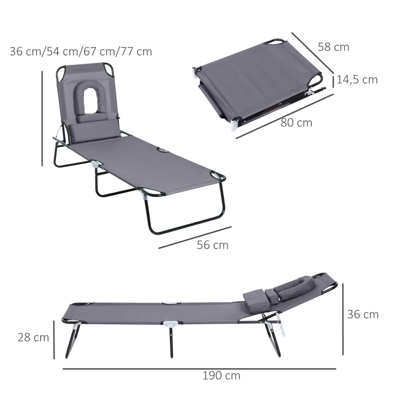 Outsunny Espreguiçadeira Dobrável com Encosto Ajustável em 4 Posições Espreguiçadeira de Jardim com Almofada Estrutura de Aço Tecido Oxford para Acampamento Praia Terraço 190x56x28cm Cinza
