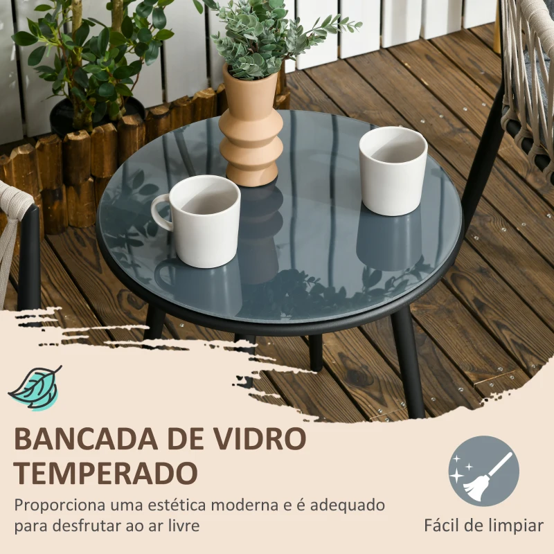 Outsunny Conjunto Móveis de Jardim 3 Peças Incluí Mesa com Bancada de Vidro Temperado e 2 Cadeiras com Almofadas Cinza