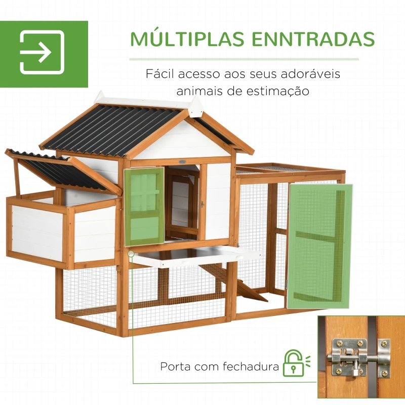 PawHut Galinheiro de Madeira para Exterior para 2-4 Galinhas com 2 Poleiros Ninho Bandeja Amovível e Rampa 181x79,5x117,5cm Madeira