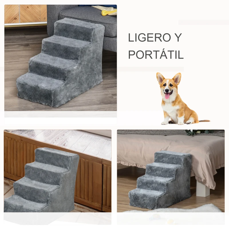 PawHut Escada para Animais de Estimação com 4 Degraus 2 em 1 com Capa Removível e Lavável Escada para Cães Gatos Carga 30kg 60x35x44cm Cinza