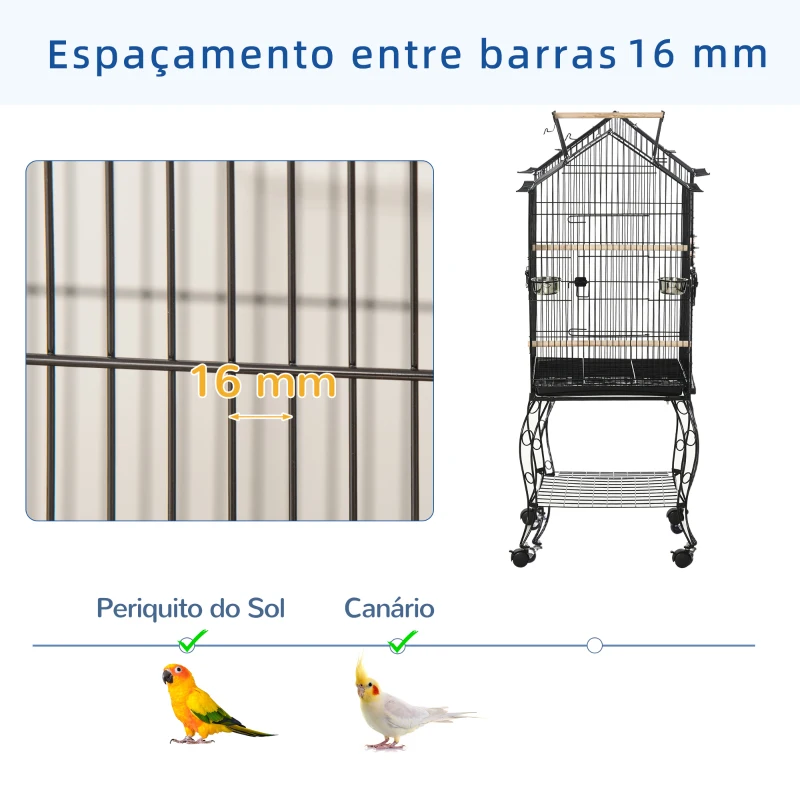 PawHut Gaiola para Pássaros com Suporte Rodas Bandeja Amovível 2 Comedouros e Prateleira Inferior de Metal 50x58x145 cm Preto