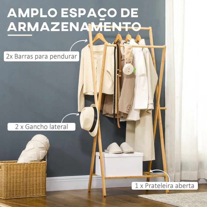 HOMCOM Suporte para Cabides de Bambu com Prateleira para Sapatos 2 Barras e 2 Ganchos 74x42x150 cm Madeira