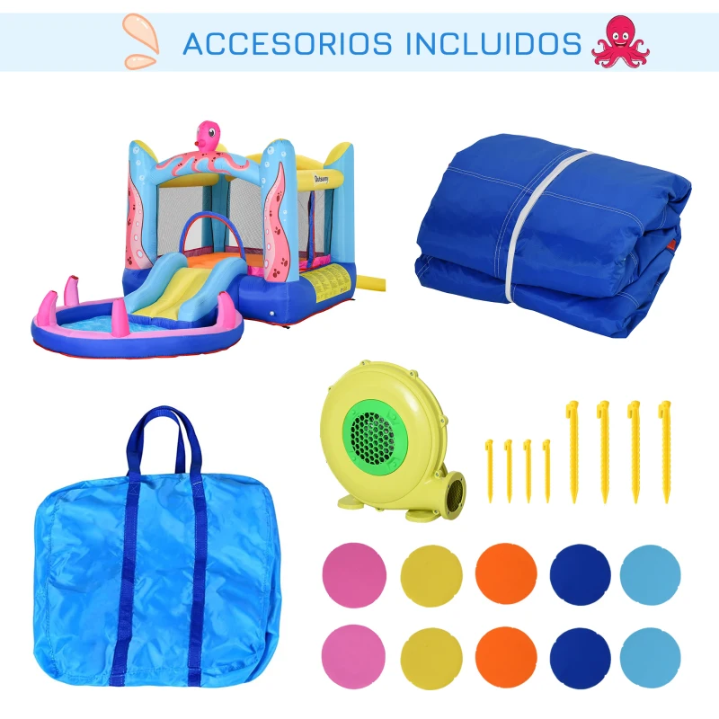 Outsunny Castelo Insuflável com Escorrega Trampolim e Piscina para Crianças acima de 3 Anos Inclui Insuflador e Bolsa de Transporte para Interior e Exterior 360x175x180cm Multicor