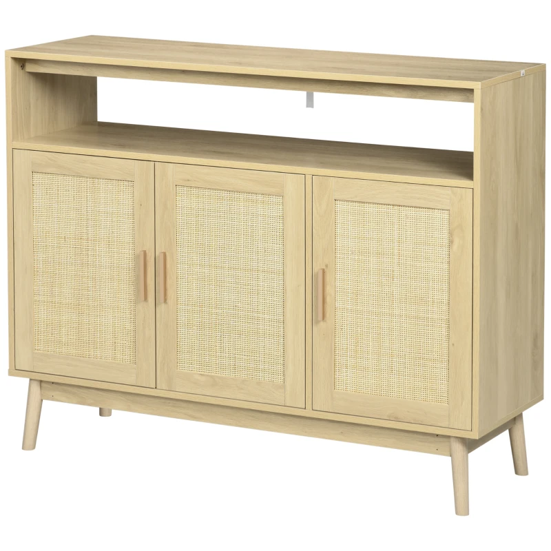 HOMCOM Aparador Sala de Estar de Estilo Cannage com 3 Portas de Vime Prateleiras Ajustáveis e Pés de Madeira 120x40x97 cm Madeira
