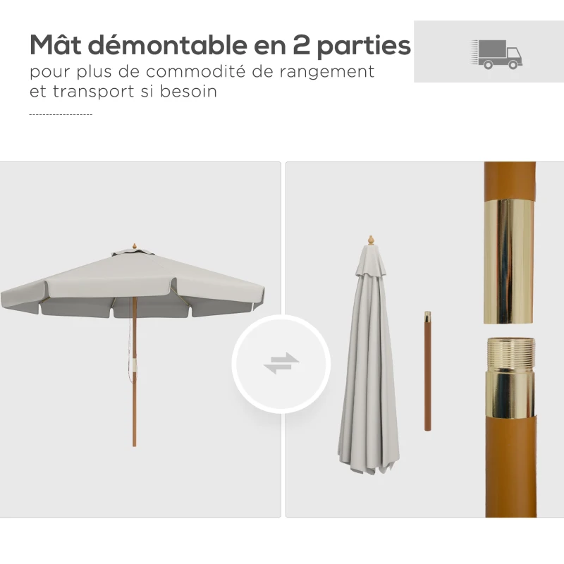 Outsunny Parasol droit rond grande taille de jardin Ø 3,25 x 2,5H m bois de bambou gris