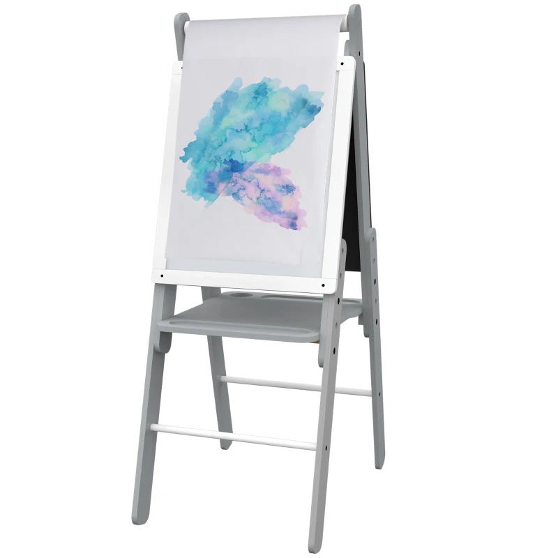 AIYAPLAY Cavalete para Crianças com Quadro Branco e Quadro Negro com Altura Ajustável Cavalete de Arte para Desenhos 3 em 1 com Rolo de Papel 40x56x107/112/117 cm Cinza