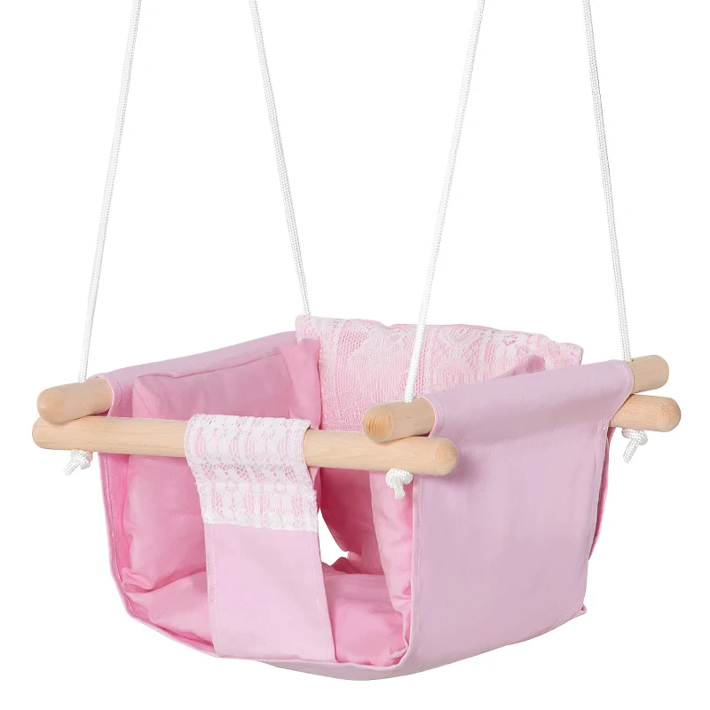 Outsunny Baloiço para Bebé com Altura Ajustável Cinto de Segurança Interior Exterior Carga Máx. 80kg Madeira 40x40x180cm Rosa e Branco