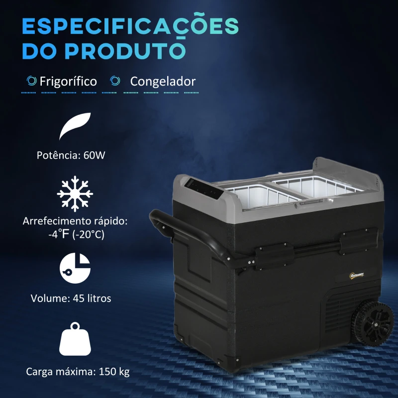 Outsunny Geleira Elétrica de Compressor Portátil 45L Geleira de Carro CC 12V/24V Temperatura até -20℃ com Tela Tátil Alça Retrátil e Rodas 71,1x46x50,6cm Preto