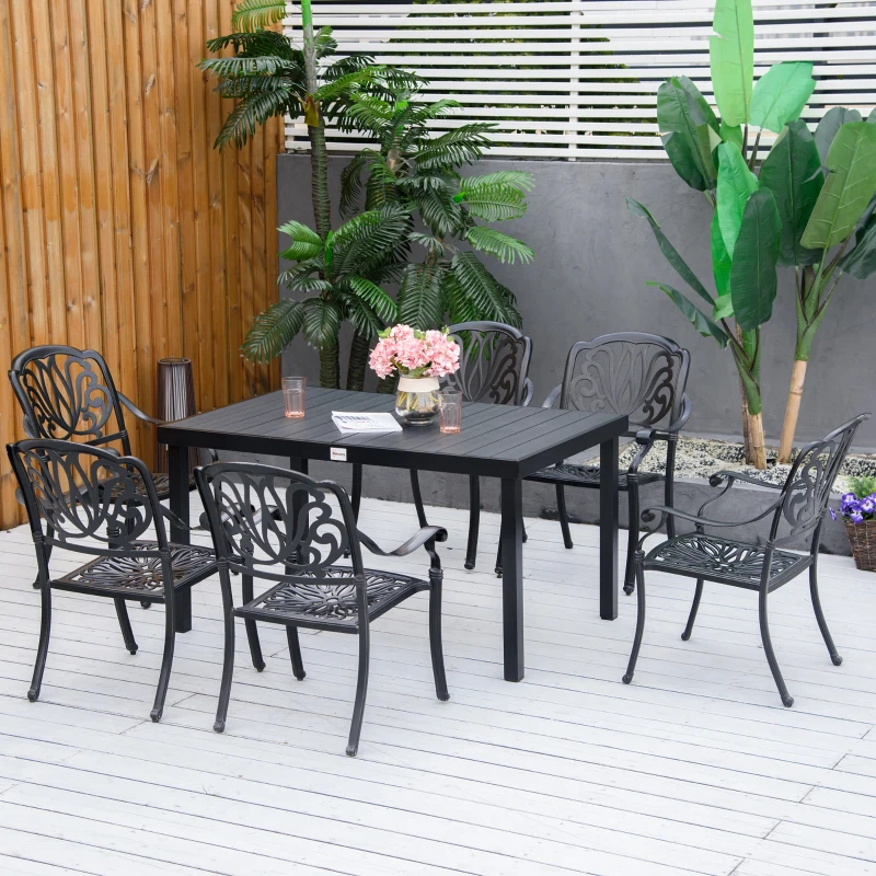 Outsunny Mesa de Jardim Retangular Mesa de Exterior para 6 Pessoas com Bancada de Ripas e Estrutura de Alumínio para Terraço Balcão 140x90x74cm Preto