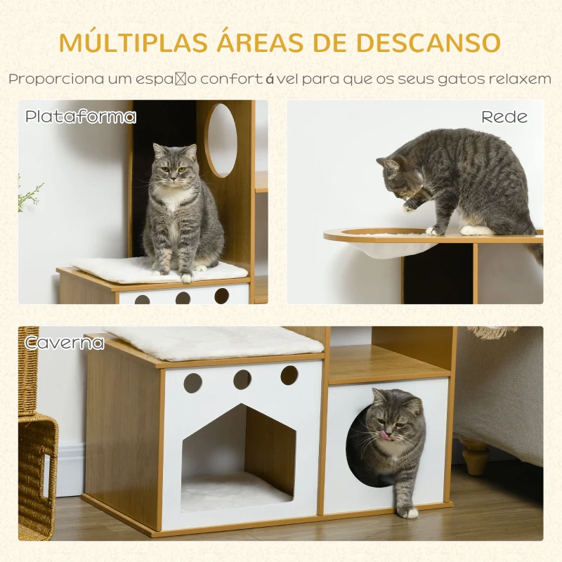 PawHut Casa para Gatos de Madeira com 2 Cavernas Arranhador Rede e Almofadas de Pélucia 76x37x92,5 cm Carvalho e Branco