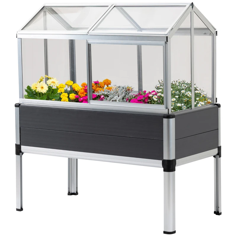 Outsunny Horta Elevada 113,5x61x128,5cm Estufa com Cobertura de Policarbonato com Teto Retrátil e Laterais Deslizantes Estrutura de Alumínio e PVC para Plantas Flores Cinza