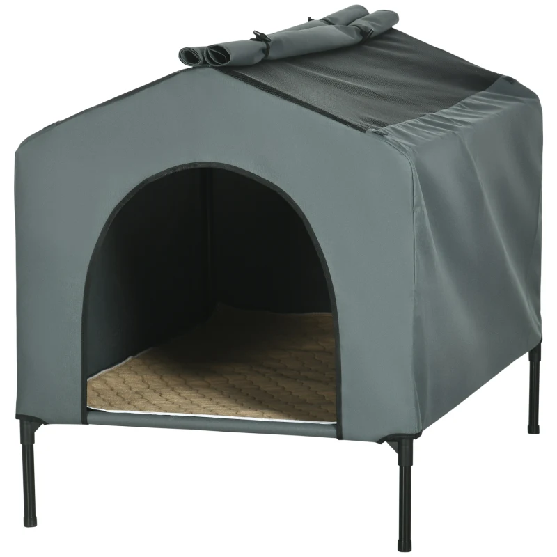 PawHut Casa para Cães com Cobertura Exterior Cama Elevada com Almofada Acolchoada e Janelas de Malha 110x75x87 cm Cinza