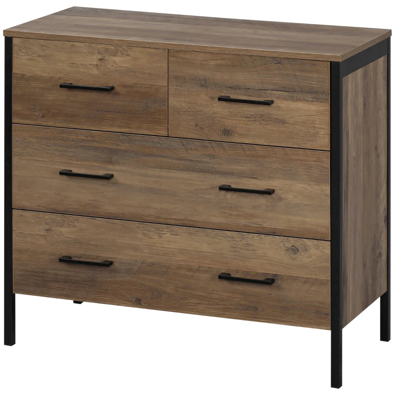 HOMCOM Cómoda com 4 Gavetas Cómoda de Madeira para Dormitório Móvel de Armazenamento Estilo Industrial 80x40x75cm Marrom e Preto