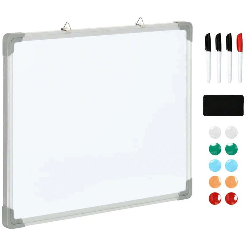 HOMCOM Quadro Magnético com Estrutura de Liga de Alumínio 60x45cm Quadro Magnético com Apagador 4 Marcadores e 10 Ímás Branco