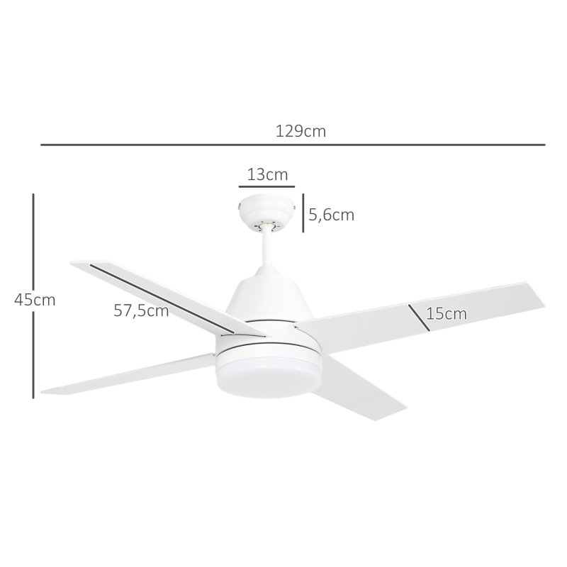 HOMCOM Ventoinha de Teto com Luz 46W Ø129 cm com 4 Lâminas Reversíveis Controlo Remoto 6 Velocidades e Temporizador Branco