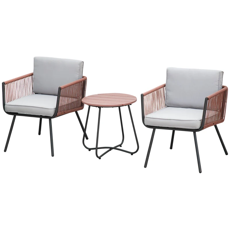 Outsunny Conjunto de Móveis de Jardim de Vime 3 Peças Incluí 1 Mesa de Centro e 2 Poltronas com Almofadas Acolchoadas Teca e Cinza