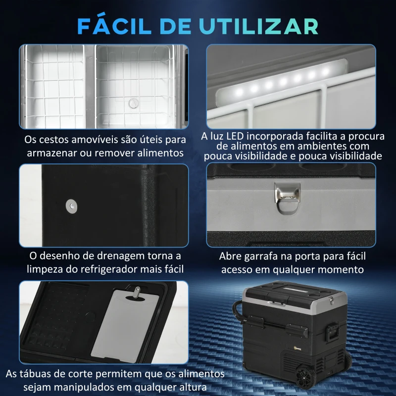 Outsunny Geleira Elétrica de Compressor Portátil 45L Geleira de Carro CC 12V/24V Temperatura até -20℃ com Tela Tátil Alça Retrátil e Rodas 71,1x46x50,6cm Preto