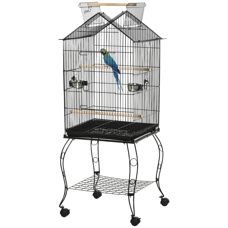PawHut Gaiola para Pássaros com Suporte Rodas Bandeja Amovível 2 Comedouros e Prateleira Inferior de Metal 50x58x145 cm Preto