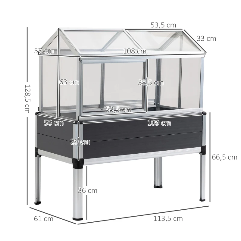 Outsunny Horta Elevada 113,5x61x128,5cm Estufa com Cobertura de Policarbonato com Teto Retrátil e Laterais Deslizantes Estrutura de Alumínio e PVC para Plantas Flores Cinza