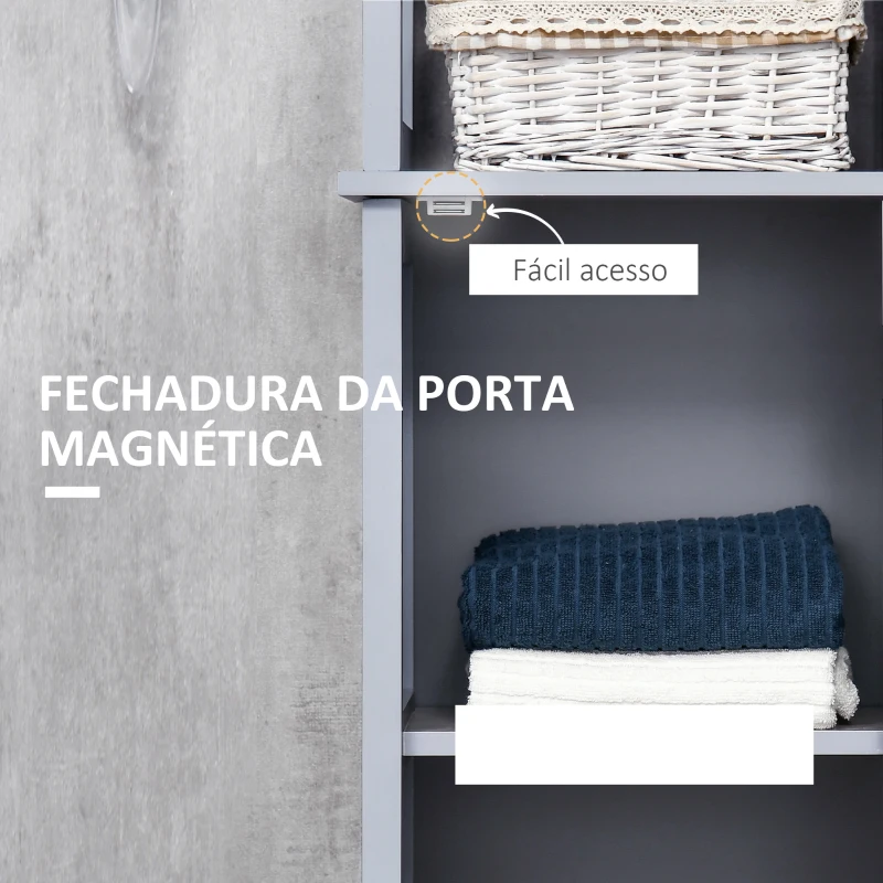 kleankin Coluna Casa de Banho com Porta 3 Prateleiras Abertas Armário Alto de Armazenamento para Casa de Banho 40x30x160cm Cinz