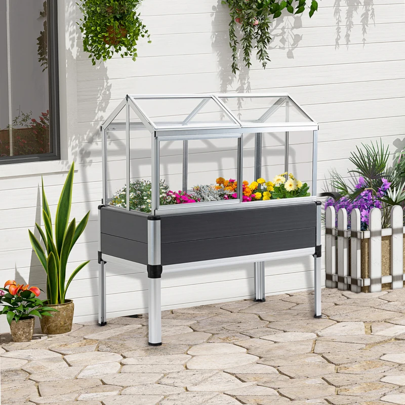 Outsunny Horta Elevada 113,5x61x128,5cm Estufa com Cobertura de Policarbonato com Teto Retrátil e Laterais Deslizantes Estrutura de Alumínio e PVC para Plantas Flores Cinza
