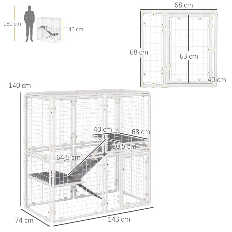 PawHut Recinto Metálico para Animais de Estimação com 16 Painéis de 68x68x2,5cm  Trava e Escada para Cobaias Desenho DIY Branco