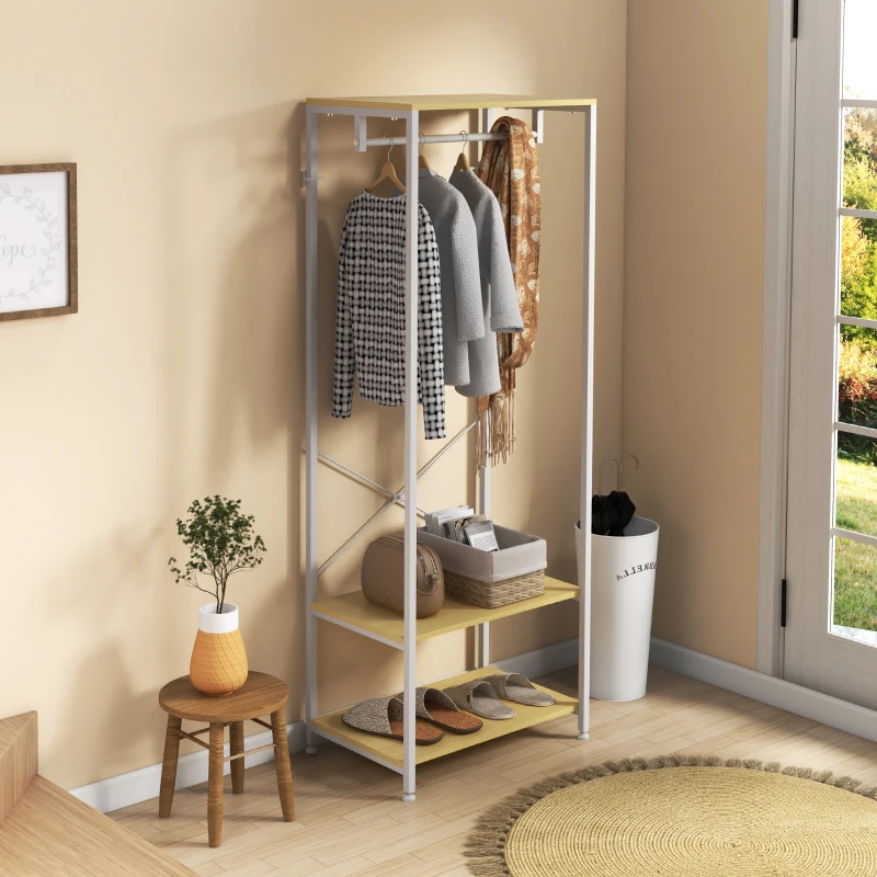 HOMCOM Suporte para Cabide com Barra Suspensa e 2 Estantes para 6 Pares de Sapatos para Entrada 60x40x167,5 cm Natural e Branco