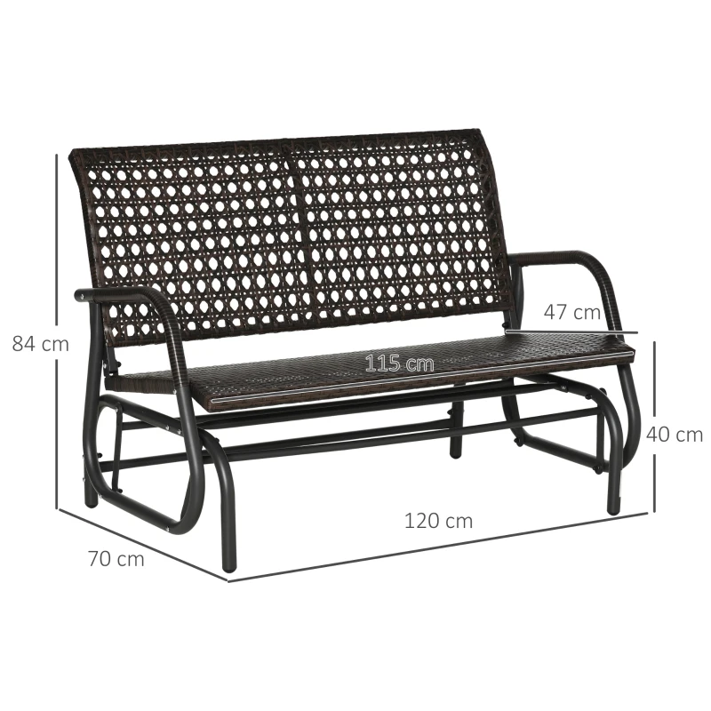 Outsunny Banco Baloiço de Vime de 2 Lugares Baloiço de Jardim com Balanço Ergonómico e Estrutura de Metal para Terraço Balcão Exterior Carga 220kg 70x120x84cm Marrom