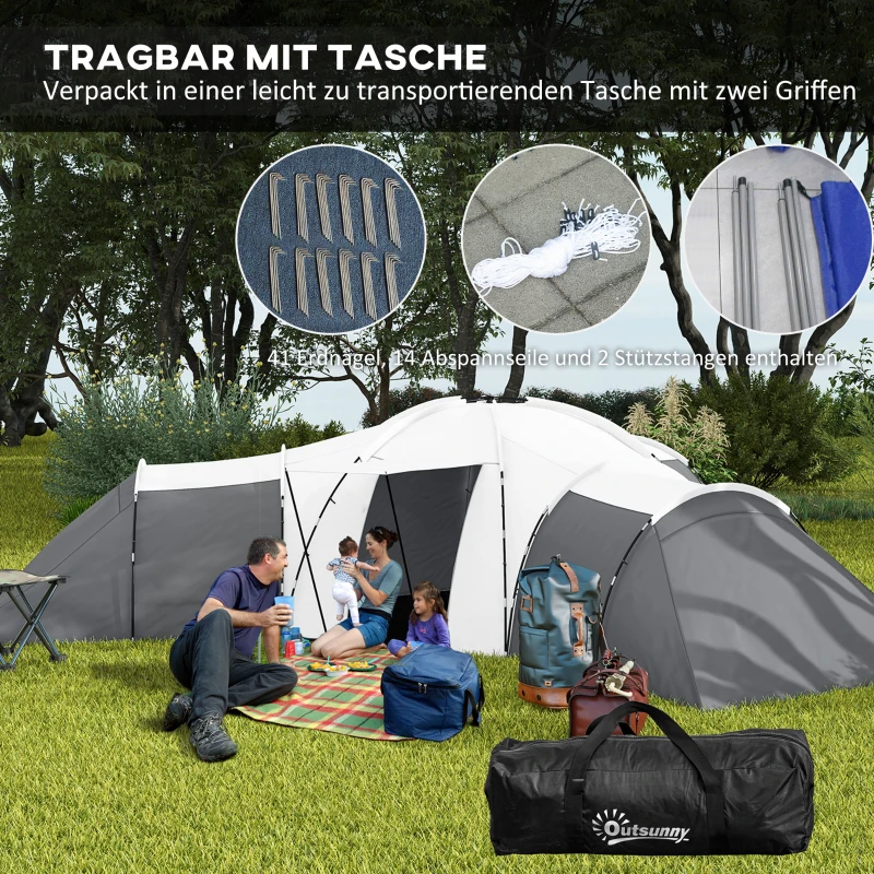 Outsunny Kampeertent voor 6-9 personen, 4 kamers, voortent, waterdicht, 615x 615x225cm, Grijs