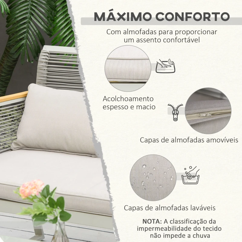 Outsunny Conjunto de Móveis de Jardim Vime 4 Peças Sofá Duplo 2 Poltronas Individuais e Mesa de Centro com Vidro com Almofadas para Exterior Terraço Cinza