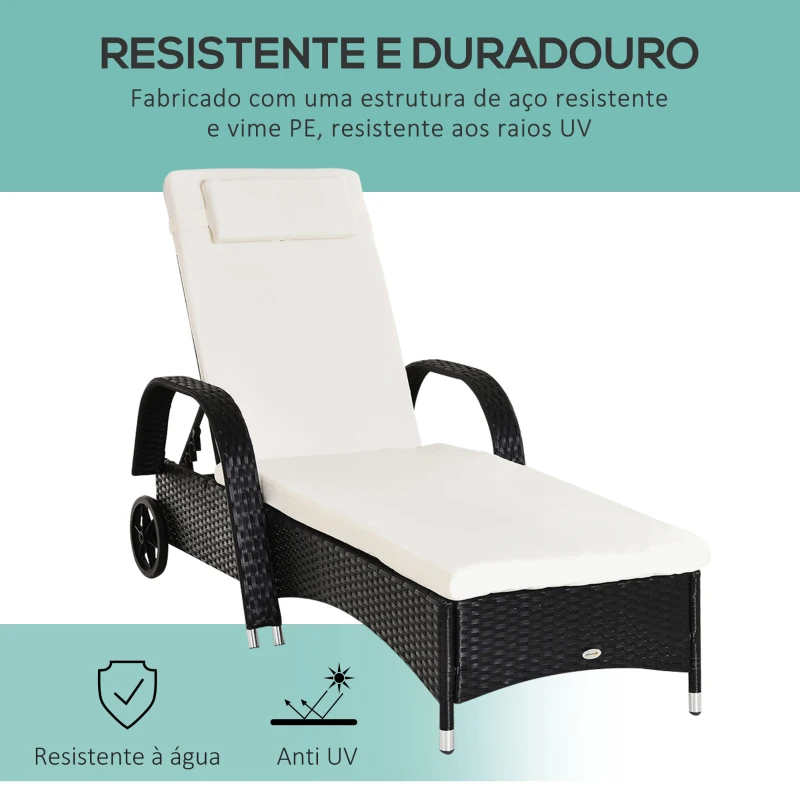 Outsunny Espreguiçadeira de Vime Jardim Espreguiçadeira com Encosto Ajustável em 5 Posições Almofadas Acolchoadas Apoio para a Cabeça e 2 Rodas 200x73x56-103cm Preto e Bege