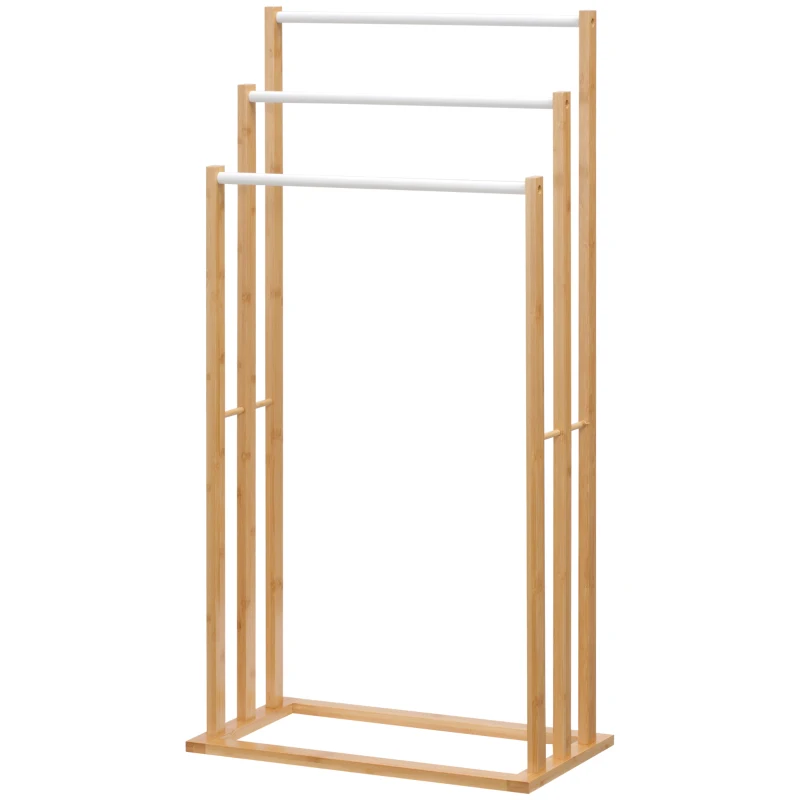 HOMCOM Toalheiro de Pé de Bambu com 3 Barras Toalheiro Independente de 3 Níveis para Casa de Banho 48x25,8x94cm Madeira