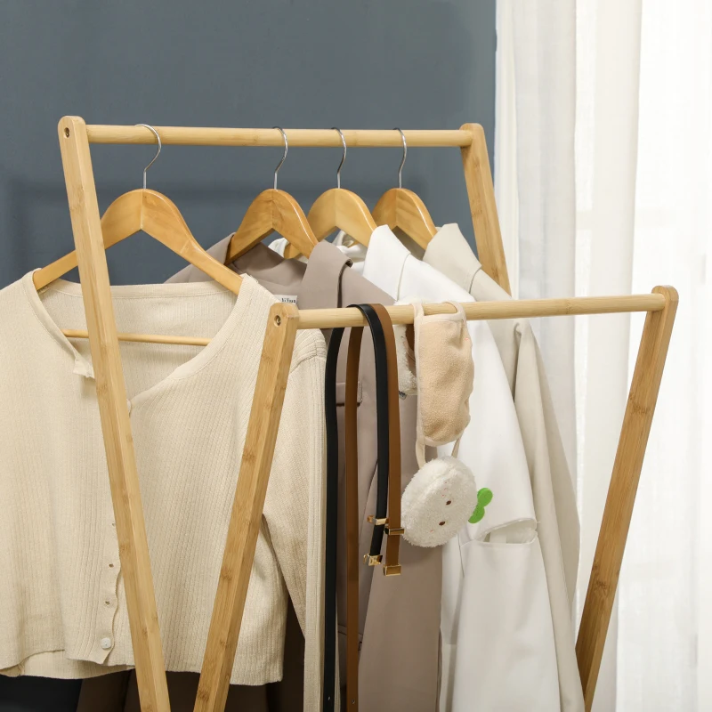 HOMCOM Suporte para Cabides de Bambu com Prateleira para Sapatos 2 Barras e 2 Ganchos 74x42x150 cm Madeira