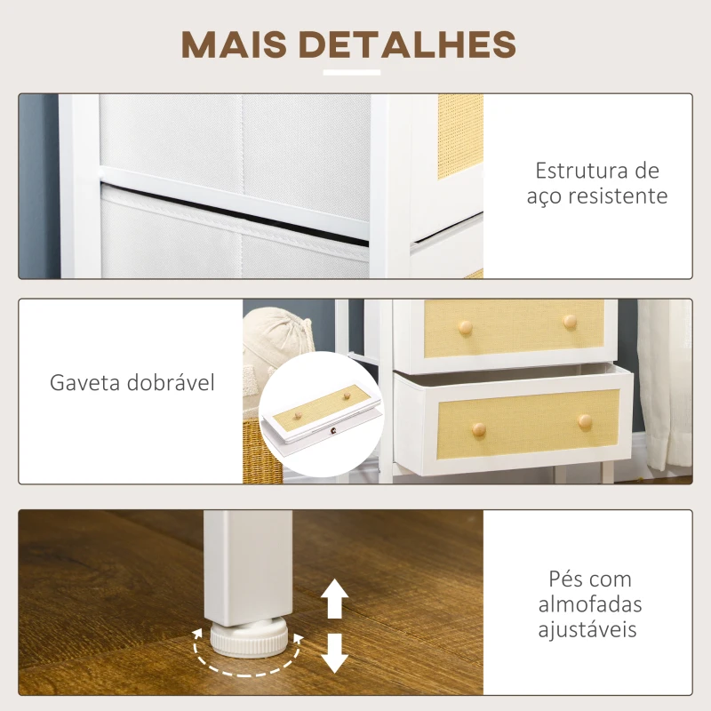 HOMCOM Cómoda Estilo Bohemio com 5 Gavetas de Tecido Dobráveis Superfície de Vime PE e Estrutura de Aço 62x30x126,5 cm Branco
