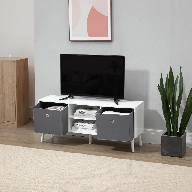 HOMCOM Móvel de TV para Televisores de até 50 Polegadas Móvel de Sala de Estar Moderno com 2 Gavetas de Tecido 2 Prateleiras Abertas e Orifício Passa Cabos 110x29x46,5cm Branco e Cinza