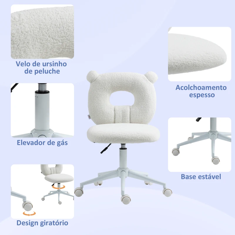 HOMCOM Cadeira de Secretária Tecido em Borrego Cadeira Infantil Giratória com Encosto em Forma de Urso 50x56x80-90 cm Branco
