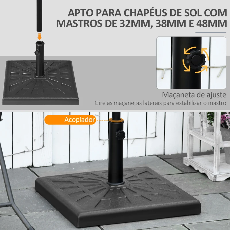 Outsunny Base para Chapéu de Sol de Resina 19 kg com Mastro de Ø32/38/48 mm para Jardim Varanda Pátio 51x51x32 cm Preto