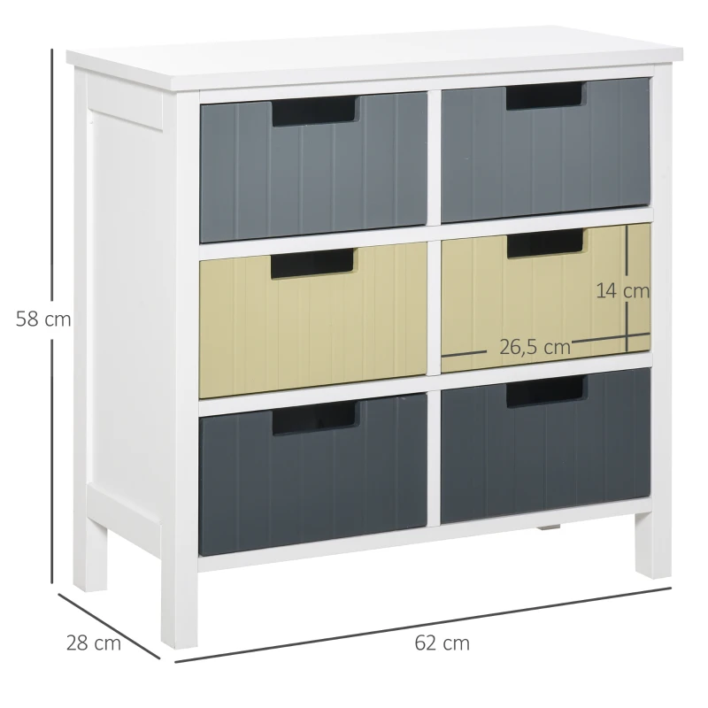 HOMCOM Cómoda de Madeira com 6 Gavetas Cómoda Auxiliar de Armazenamento com Pés Elevados Estilo Moderno para Dormitórios Sala de Estar Casa de Banho 60x28x58cm Multicor