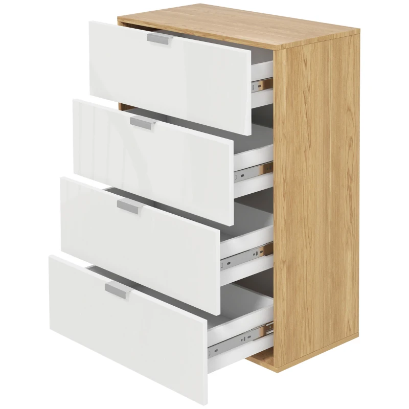 HOMCOM Cómoda com 4 Gavetas de Alto Brilho Cómoda de Madeira de Estilo Moderno 70x35x92 cm Branco e Madeira