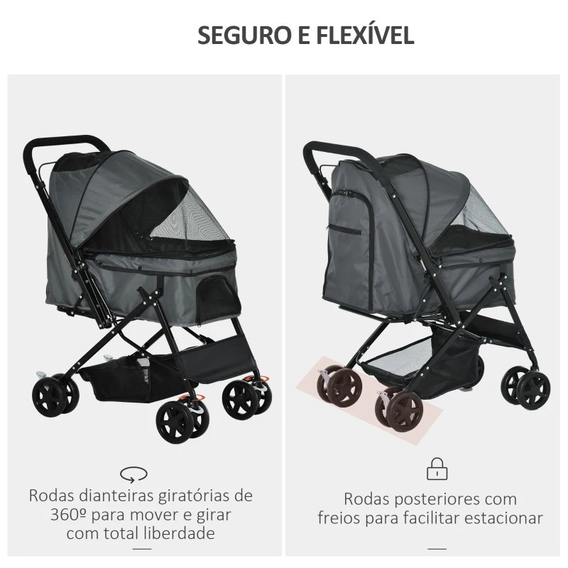 PawHut Carrinho para Animais de Estimação Dobrável Carro para Cães e Gatos com Capô Ajustável Cesta de Armazenamento Cinto de Segurança Tecido Oxford 600D Aço 76,5x52x95cm Cinza