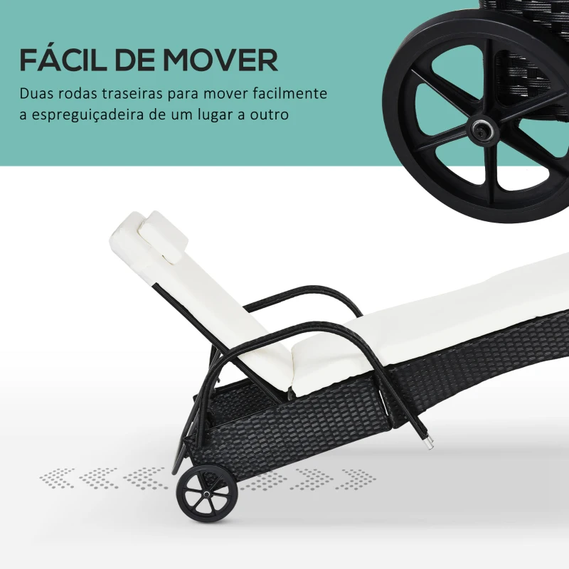 Outsunny Espreguiçadeira de Vime Jardim Espreguiçadeira com Encosto Ajustável em 5 Posições Almofadas Acolchoadas Apoio para a Cabeça e 2 Rodas 200x73x56-103cm Preto e Bege