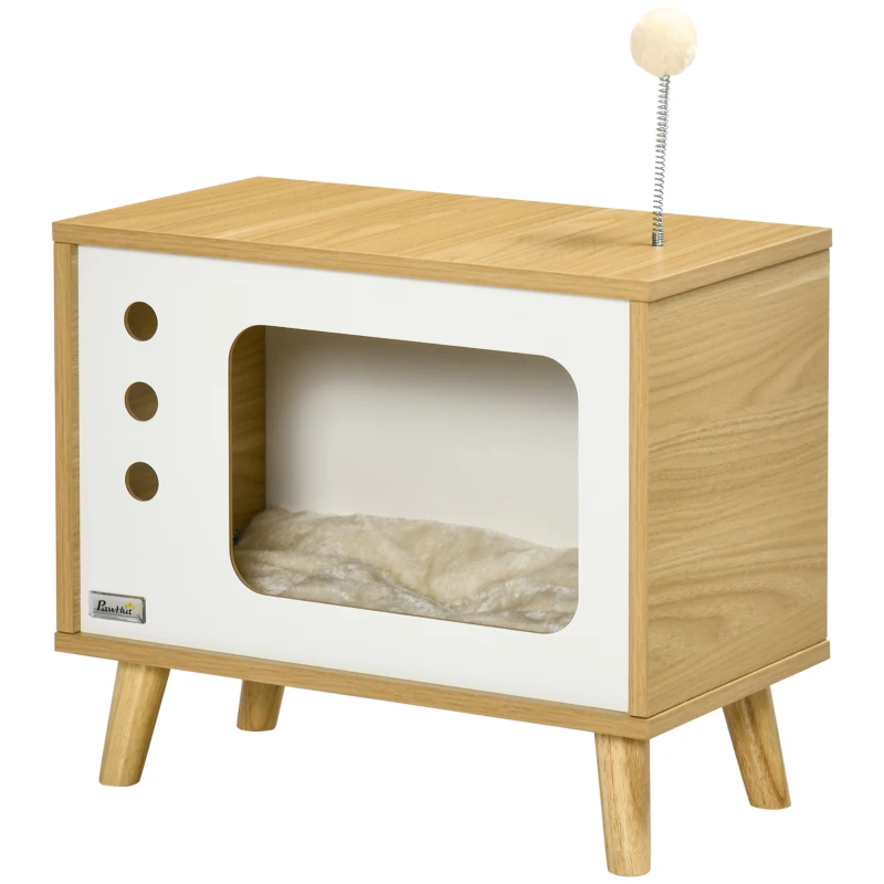 PawHut Mesa Auxiliar Casa para Gatos Estilo Televisor com Almofada Suave Lavável Bola e Pés Elevados 50x28x43cm Carvalho