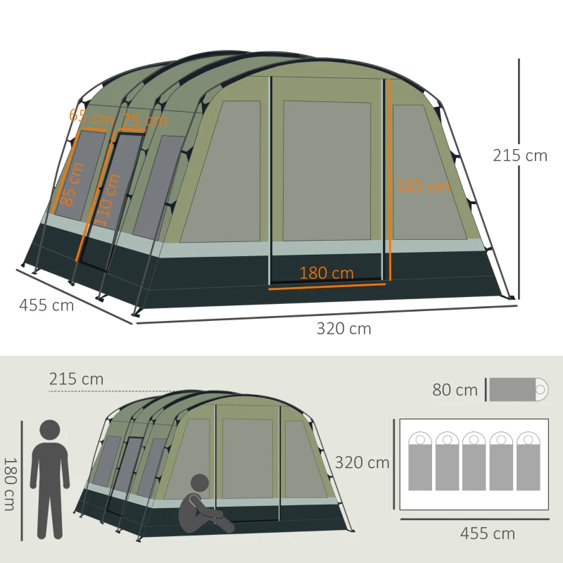 Outsunny Tenda de Campismo Familiar 6 Pessoas Tenda Campismo Impermeável PU3000mm com 3 Portas 6 Janelas Bolsos de Arrumação e Bolsa de Transporte 455x320x215cm Verde