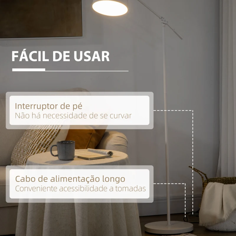 HOMCOM Candeeiro de Pé Estilo Industrial Lâmpada E27 Máx. 40W com Mastro Flexível Ecrã Giratório 90° Ø30x131-155cm Branco